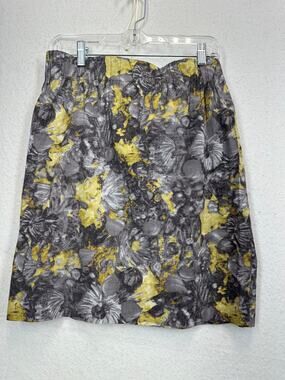 Talbots Muted Gray Yellow Floral Cotton Sateen Skirt SZ 8 Casual